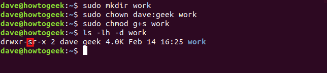 Los comandos "sudo mkdir work", "sudo chown dave: geek work", "sudo chmod g + s work" y "ls -lh -d work" en una ventana de terminal.