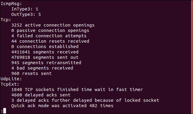 Salida de netstat -st |  menos en una ventana de terminal