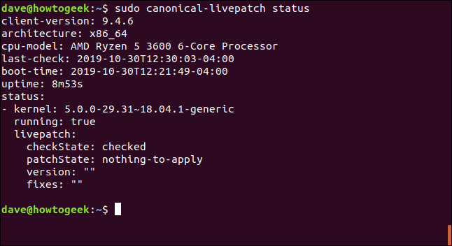 sudo canonical-livepatch status en una ventana de terminal