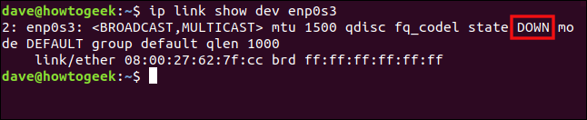 El comando "ip link show enp0s3" en una ventana de terminal.