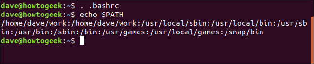 Los comandos ". .Bashrc" y "echo $ PATH" en una ventana de terminal.