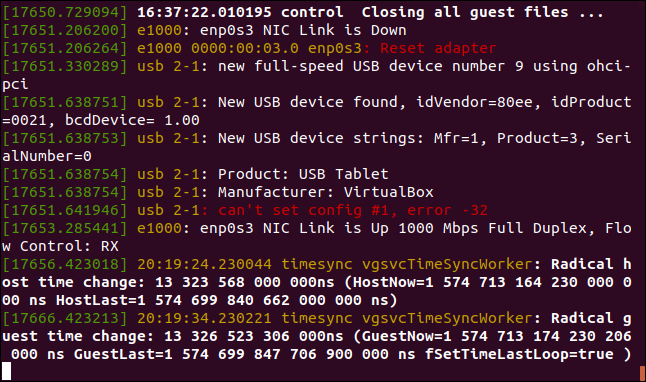 Salida de sudo dmesg --follow na terminal window