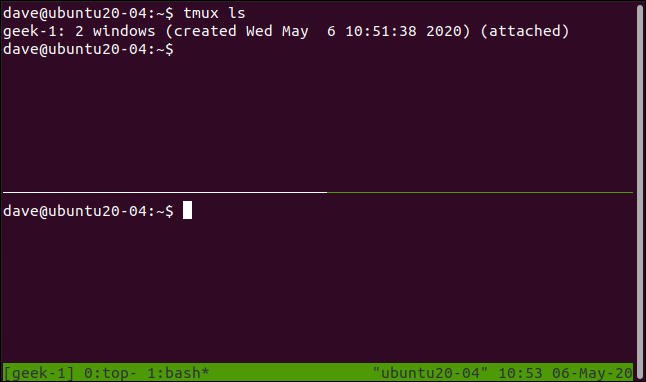 tmux sesión con paneles horizontales en una ventana de terminal.