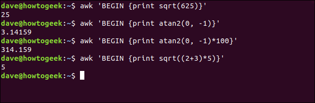 El comando "awk 'BEGIN {print sqrt (625)}'" en una ventana de terminal.