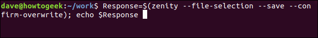 "Response = $ (zenity --file-selection --save --confirm-overrite); echo $ Response" en una ventana de terminal.