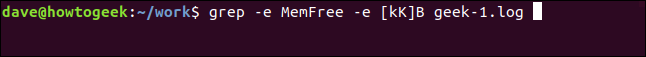 grep -e MemFree -e [kK] B geek-1.log en una ventana de terminal