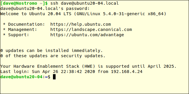 ssh dave@ubuntu20-04.local en una ventana de terminal.