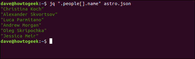 El comando "jq" .people []. Name "astros.json" en una ventana de terminal.