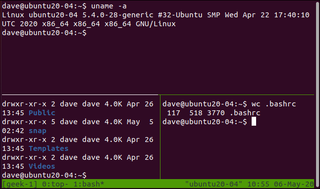 tmux sesión con paneles divididos verticales y horizontales en una ventana de terminal.