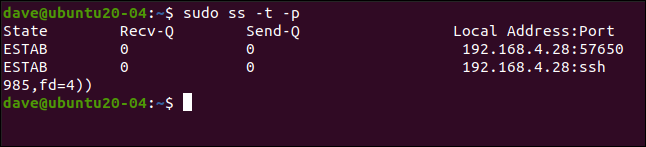 sudo ss -t -p en una ventana de terminal.