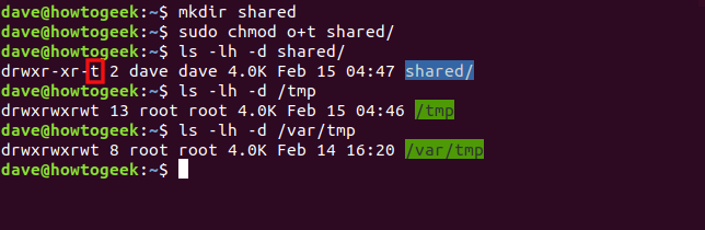 Los comandos "mkdir shared", "sudo chmod o + t shared", "ls -lh -d shared," ls -lh -d / tmp ls "y" -lh -d / var / tmp "en una ventana de terminal .