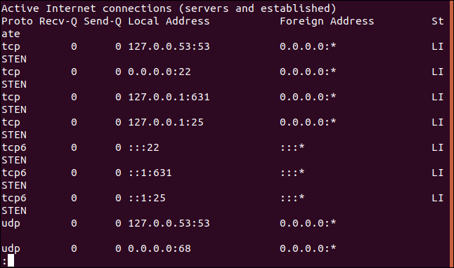 Salida de sudo netstat -an |  menos en una ventana de terminal