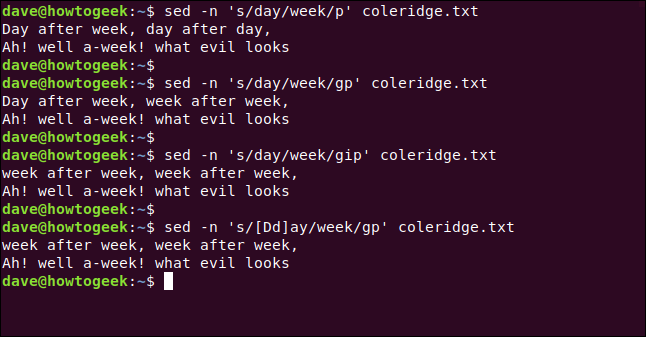 El "sed -n 's / day / week / p' coleridge.txt", "sed -n 's / day / week / gp' coleridge.txt", "sed -n 's / day / week / gip' coleridge.txt "y" sed -n 's / [Dd] ay / week / gp' coleridge.txt "en una ventana de terminal.