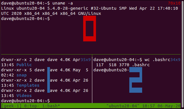 tmux que muestra los números de panel en una ventana de terminal.