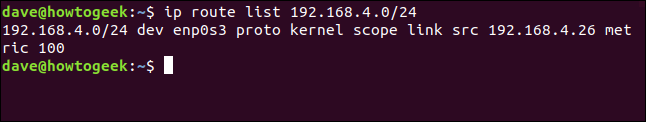 El comando "ip route list 192.168.4.0/24" en una ventana de terminal.