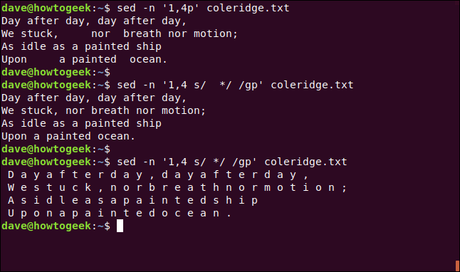 El "sed -n '1,4p' coleridge.txt", "sed -n '1,4 s / * / / gp' coleridge.txt" y "sed -n '1,4 s / * / / gp comandos 'coleridge.txt "en una ventana de terminal.