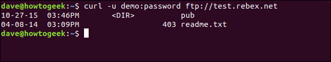 Lista de archivos en un servidor FTP remoto en una ventana de terminal