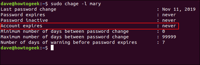 Salida del comando "chage", que muestra una fecha de vencimiento de la cuenta de "nunca" en una ventana de terminal.