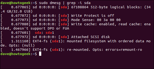 salida de sudo dmesg |  grep -i sda en una ventana de terminal