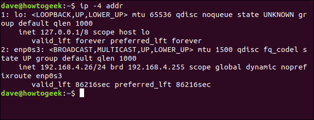 El comando "ip -4 addr" en una ventana de terminal.