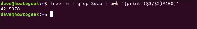 El comando "free -m | grep Swap | awk '{print ($ 3 / $ 2) * 100}'" en una ventana de terminal.