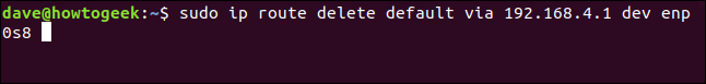 El comando "sudo ip route delete default via 192.168.4.1 dev enp0s8" en una ventana de terminal.