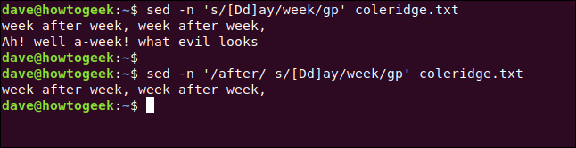Los comandos "sed -n 's / [Dd] ay / week / gp' coleridge.txt" y "sed -n '/ after / s / [Dd] ay / week / gp' coleridge.txt" en una ventana de terminal .