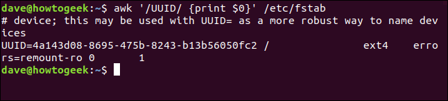 El comando "awk '/ UUID / {print $ 0}' / etc / fstab" en una ventana de terminal.