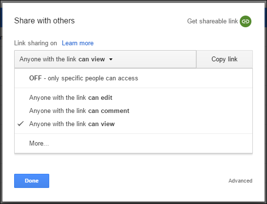 Las opciones "Compartir con otros" en Presentaciones de Google.