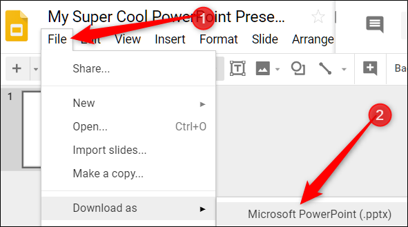 Haga clic en "Archivo", "Descargar como" y luego haga clic en "Microsoft PowerPoint".