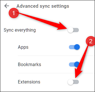 Primero, alterne Sincronizar todo, luego alterne la configuración de Extensiones