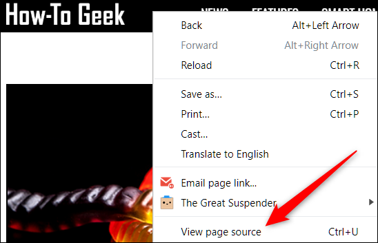 Haga clic con el botón derecho en una página, luego haga clic en Ver código fuente de la página