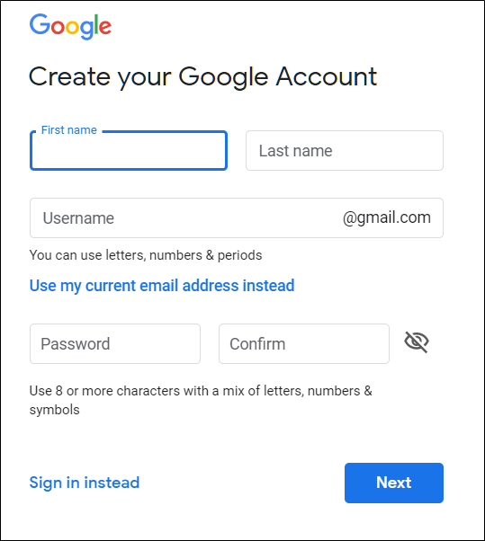 La página Cree su cuenta de Google, donde escribe su nombre y apellido, nombre de usuario y contraseña.