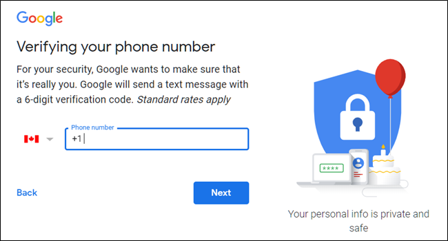 La pantalla "Verificando su número de teléfono" en Google.