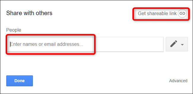 Escriba direcciones de correo electrónico o haga clic en "Obtener enlace para compartir".