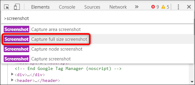 Escriba Captura de pantalla, luego haga clic en Capturar captura de pantalla de tamaño completo en la lista de comandos