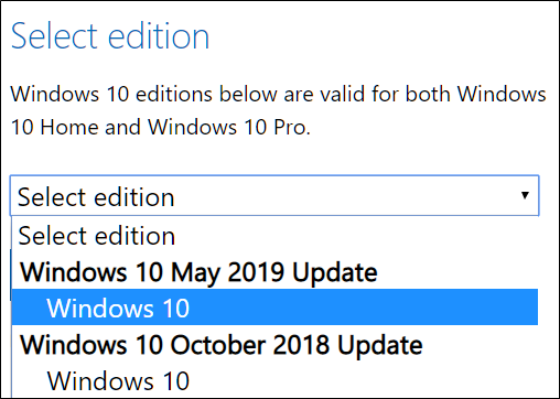 Seleccione una edición de Windows 10 para descargar.