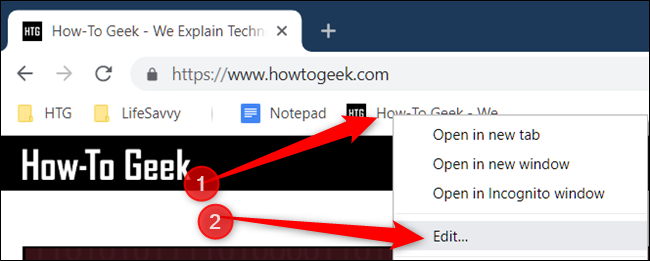 Haga clic con el botón derecho en un marcador en la barra de marcadores y luego haga clic en Editar.