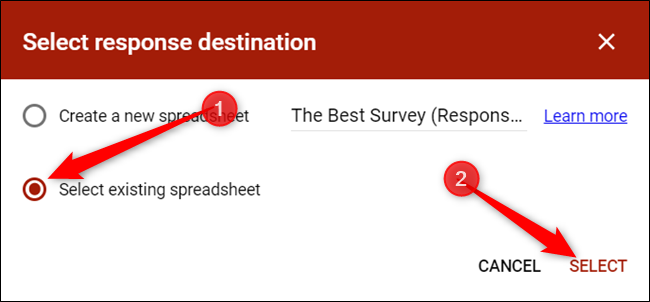 Haga clic en "Seleccionar hoja de cálculo existente" y luego haga clic en "Seleccionar".