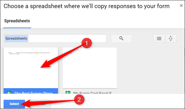 Haga clic en la hoja de cálculo que desee y luego haga clic en "Seleccionar".