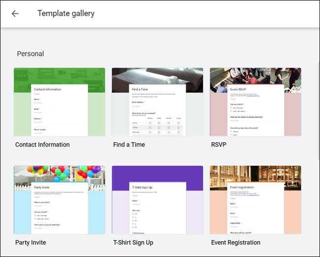 Galería de plantillas de formularios de Google.