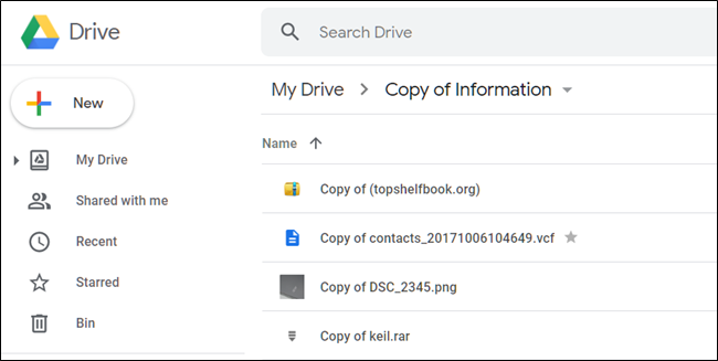 Archivos copiados en una carpeta de Google Drive.