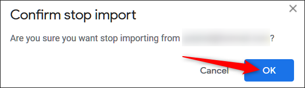 En el mensaje de confirmación que aparece, haga clic en "Aceptar" para detener la importación.
