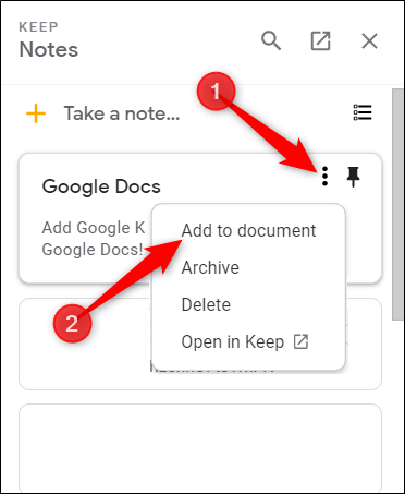 Haga clic en Más en una nota existente y luego haga clic en "Agregar al documento".