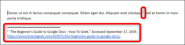 Google Docs coloca automáticamente un número en superíndice en el cursor y coloca la fuente en una nota al pie con el estilo de cita que elija.