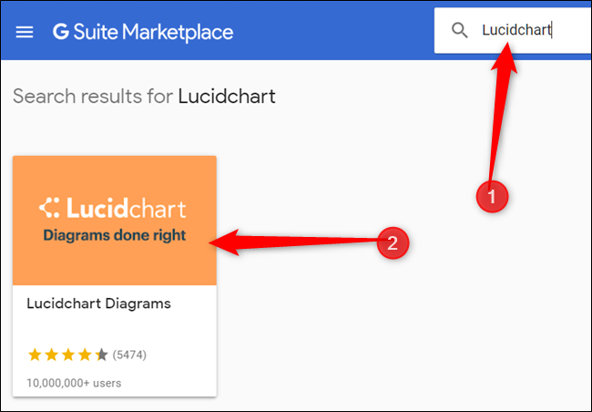 Escribe "LucidChart" en la barra de búsqueda, presiona Enter y luego haz clic en el ícono LucidChart.