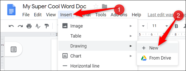 Haga clic en "Insertar", seleccione "Dibujo" y luego haga clic en "+ Nuevo".
