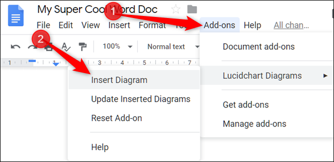 Haga clic en "Complementos", seleccione "Diagramas LucidChart" y luego haga clic en "Insertar diagrama".