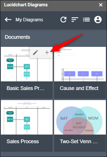 Haga clic en el signo más (+) para insertar un diagrama en su documento.