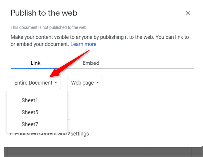 Haga clic en "Todo el documento" y luego elija la hoja que desea publicar en el menú desplegable.